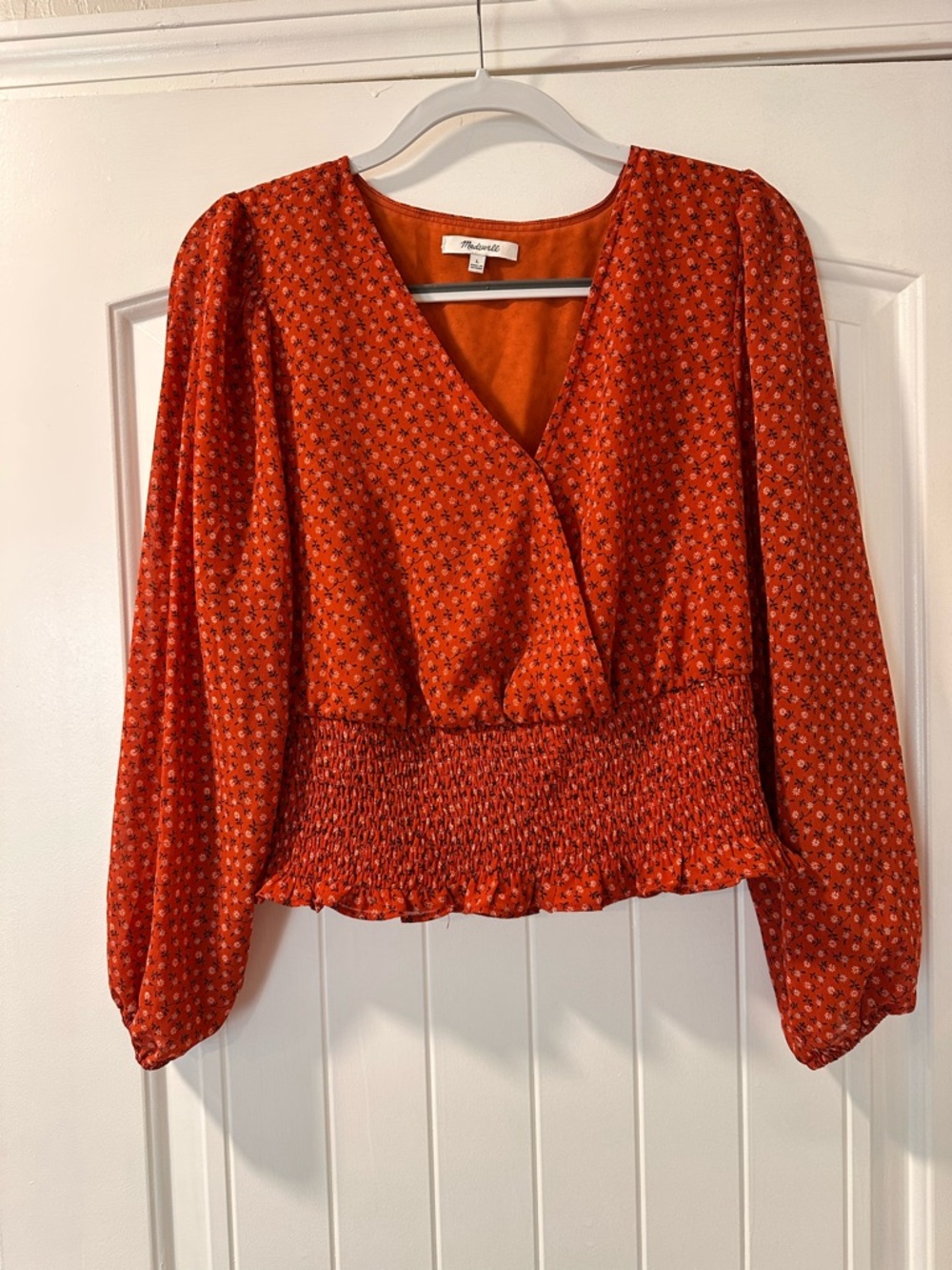 Madewell Orange Floral V-Neck Smocked-Hem Blouse